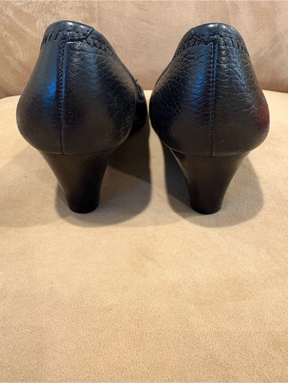 Tory Burch Black Leather Wedge Heels with Silver Logo Medallion